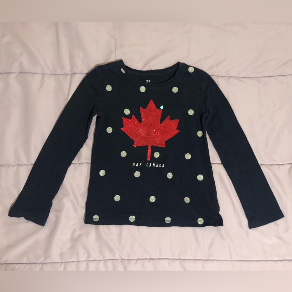 GAP Kids Navy Blue Sequin Maple Leaf Long Sleeve Shirt